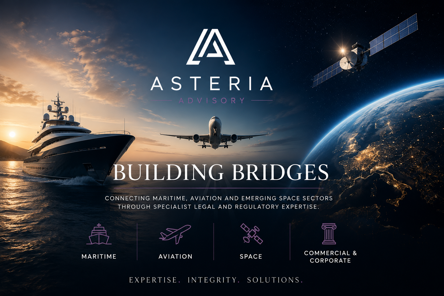 Luxury yacht, commercial aircraft and Earth viewed from space representing Asteria Advisory's maritime, aviation and space law practice